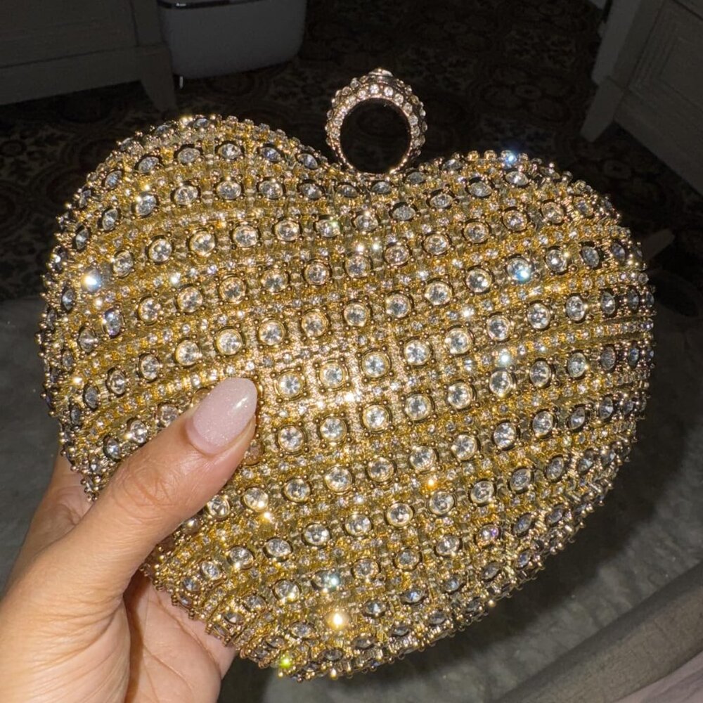Neman Marcus Gold Rhinestone Heart Shape Clutch Purse